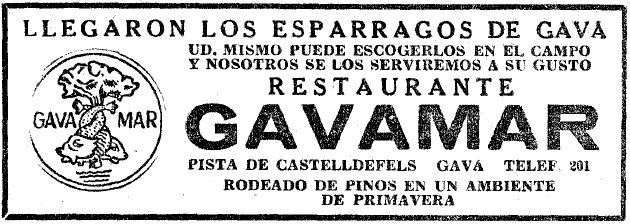 Anunci dels esp�rrecs del Restaurant Gavamar de Gav� Mar que el client podia escollir del mateix camp, publicat al diari LA VANGUARDIA (22 d'Abril de 1958)